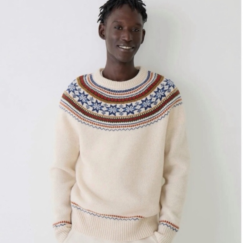 NWOT J. Crew 100% Lambswool Fair Isle Yoked Crewneck Sweater Small